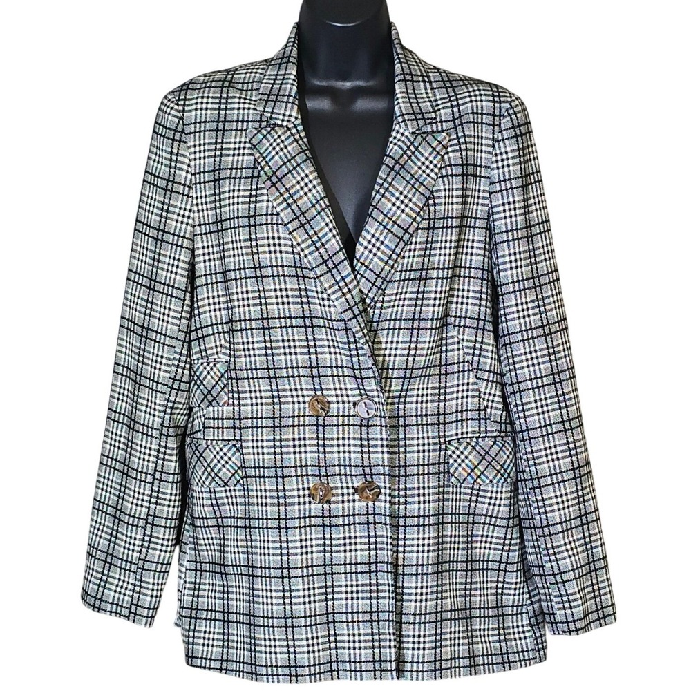 Topshop Double Breasted Plaid Blazer Size 8 Black White Grey Womens Jacket